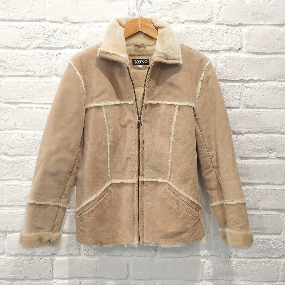 XOXO Penny Lane Jacket  M 6 Beige Genuine Leather Suede Jacket Faux Fur Trim
